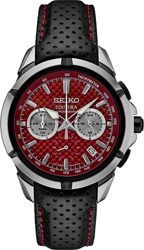 Seiko Men's Chronograph Coutura Black Perforated Leather Strap Watch 42mm - Red