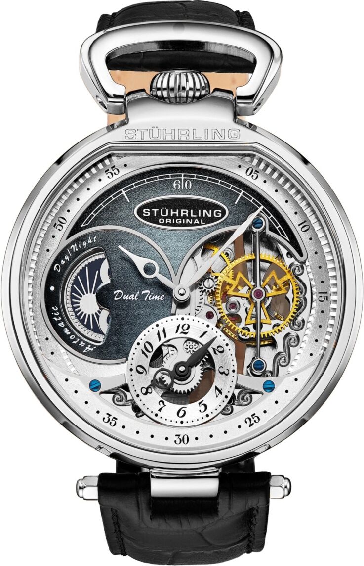 Stuhrling Men's Automatic Dual Time Alloy Case Skeleton Dial Alligator Embossed Genuine Leather Strap Watch - Grey