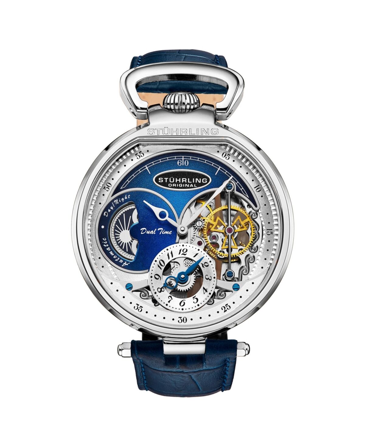Stuhrling Men's Automatic Dual Time Alloy Case Skeleton Dial Alligator Embossed Genuine Leather Strap Watch - Blue