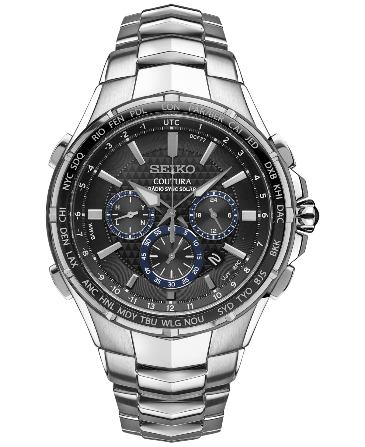 Seiko Men's Solar Chronograph Coutura Stainless Steel Bracelet Watch 45mm SSG009 - Silver