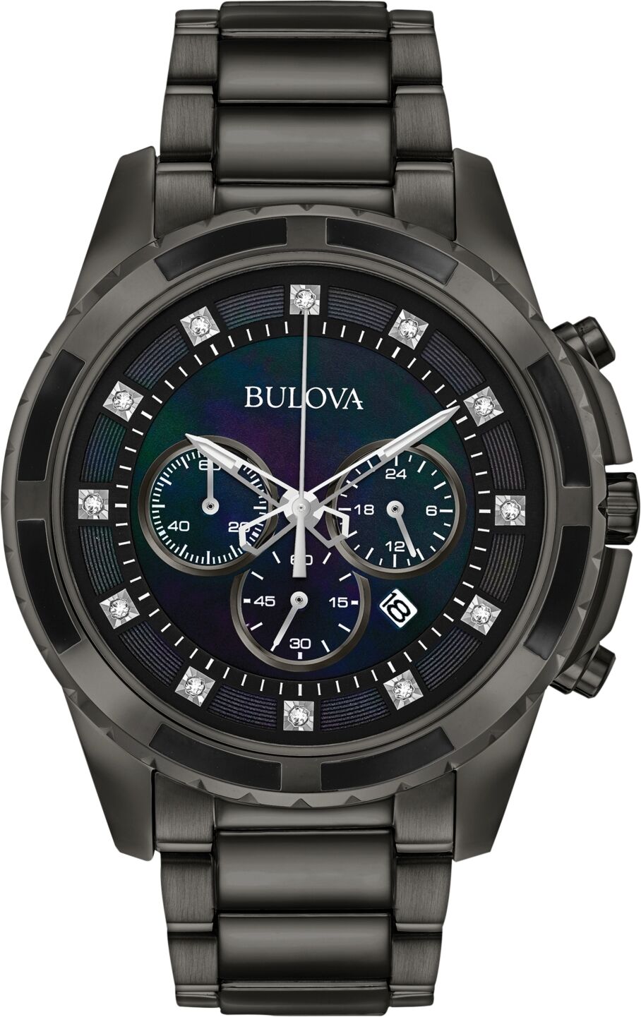 Bulova Men's Chronograph Diamond Accent Dark Gray Stainless Steel Bracelet Watch 44mm 98D133 - Black