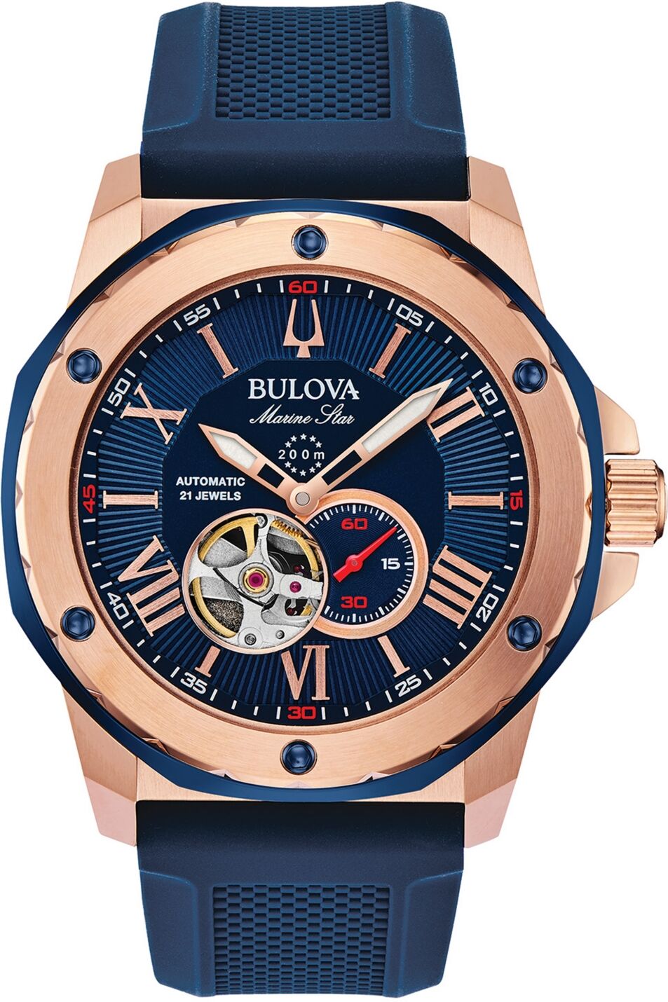 Bulova Men's Automatic Marine Star Blue Silicone Strap Watch 45mm - Blue/Blue