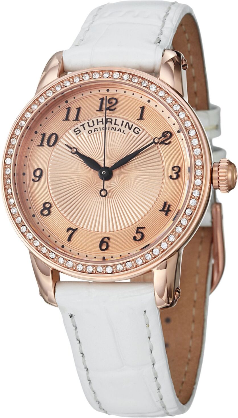 Stuhrling Original Classy Ladies Ultra Slim Quartz Watch, Rose Tone Case on White Alligator Embossed Genuine Leather Strap, Crystals on Rose Tone Beze