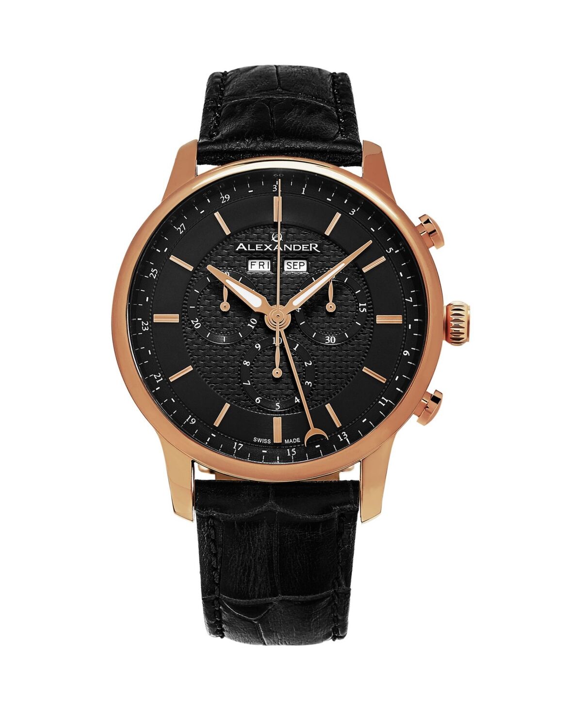 Stuhrling Alexander Watch A101-04, Stainless Steel Rose Gold Tone Case on Black Embossed Genuine Leather Strap - Black