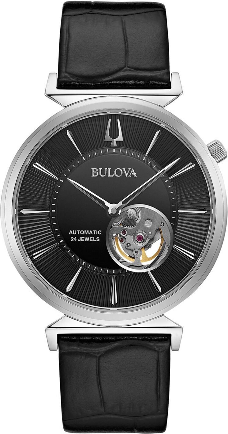 Bulova Men's Automatic Regatta Black Leather Strap Watch 40mm - Black