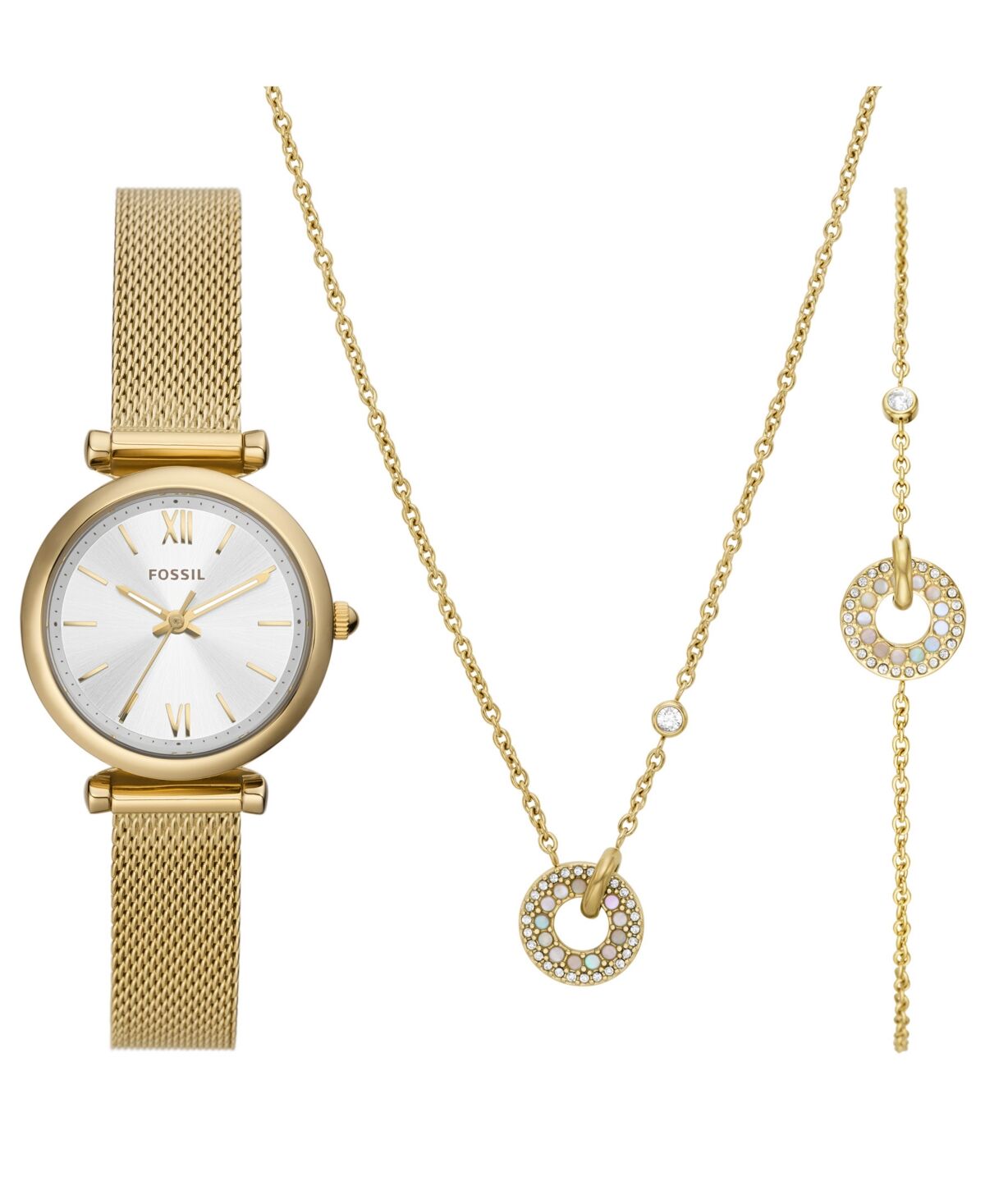 Fossil Women's Carlie Three-Hand, Gold-Tone Stainless Steel Bracelet Watch, 28mm and Jewelry Set - Gold-Tone