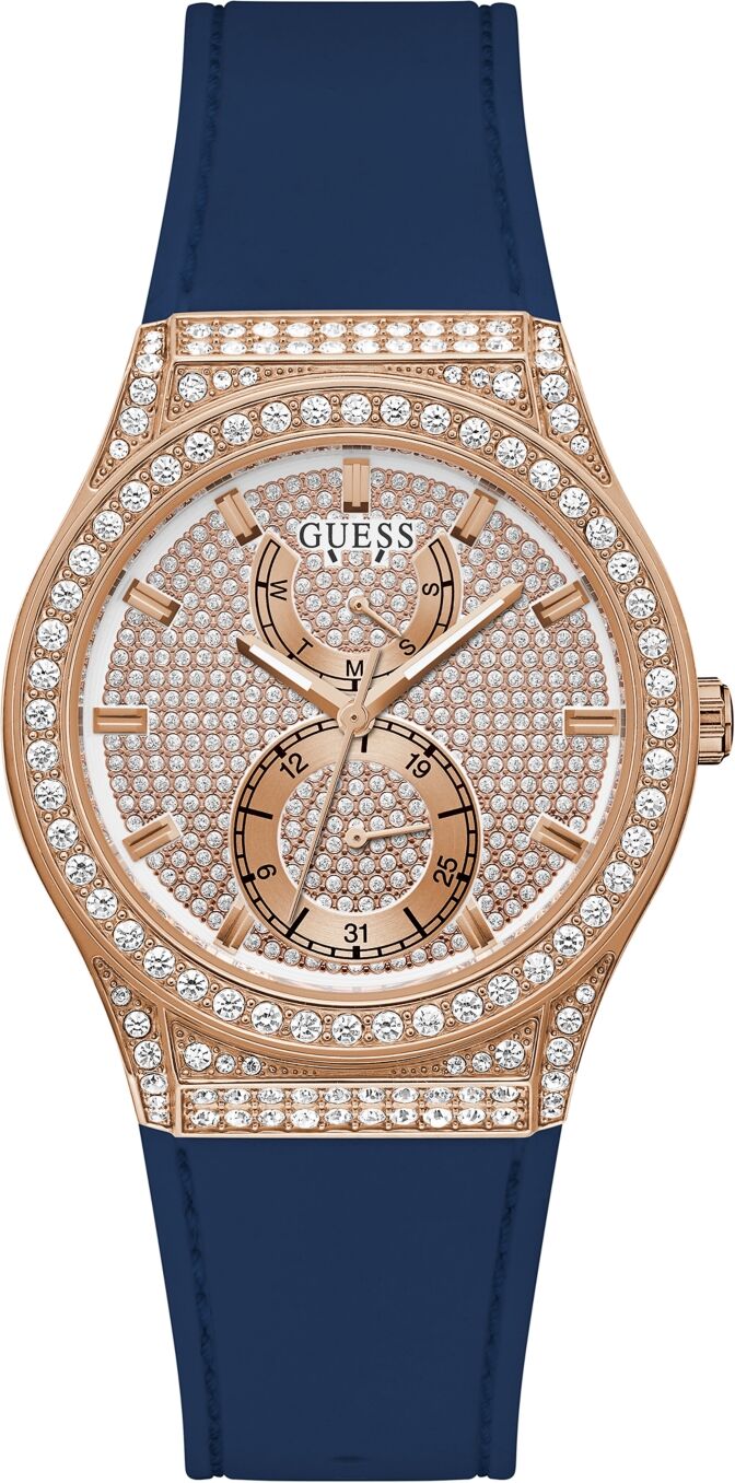 Guess Women's Rose Gold-Tone Glitz Blue Silicone Multi-Function Watch 39mm - Blue