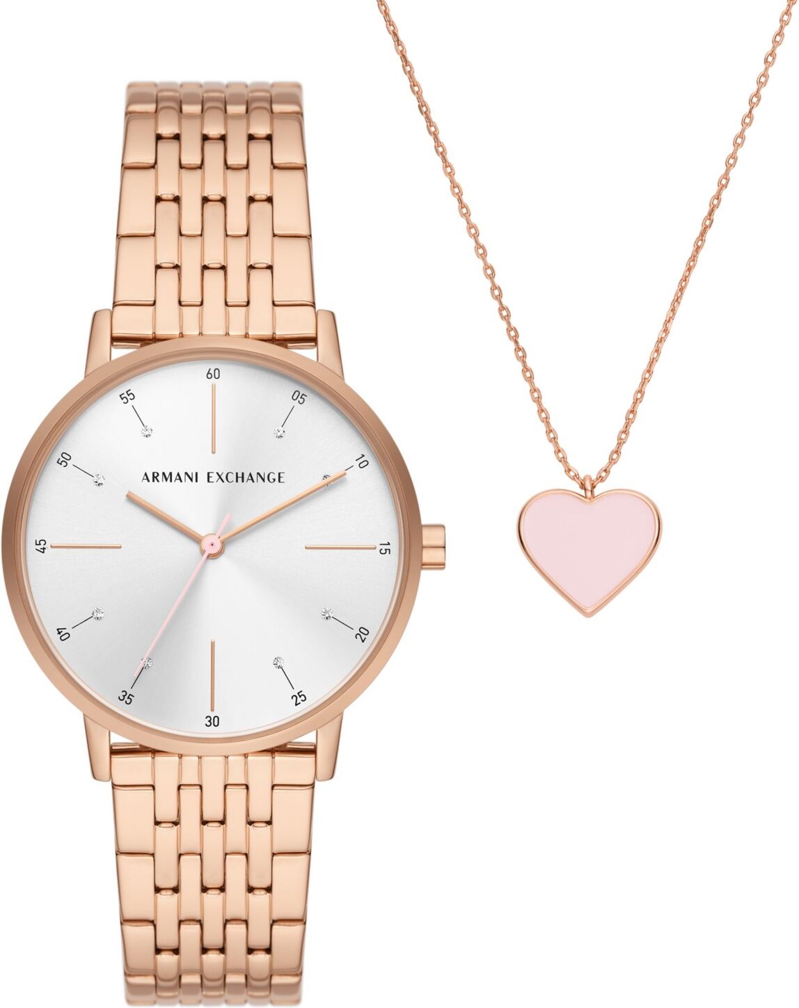 A|x Armani Exchange A X Armani Exchange Women's Three-Hand Rose Gold-Tone Stainless Steel Bracelet Watch, 36mm and Rose Gold-Tone Stainless Steel Necklace Set - Rose Gold