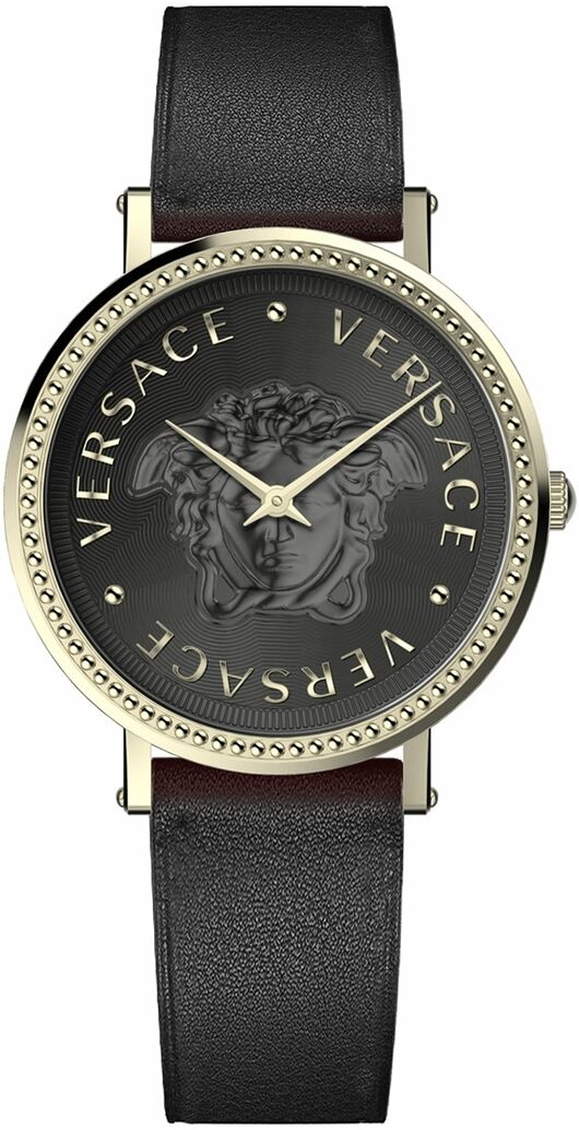 Versace Women's Swiss V-Dollar Black Leather Strap Watch 37mm - Ip Yellow Gold