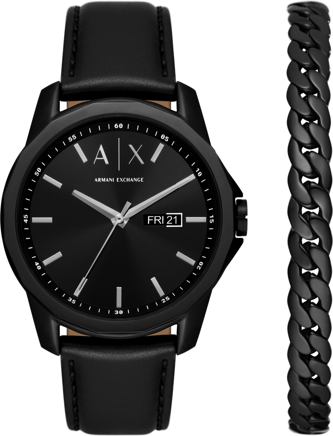 A|x Armani Exchange A X Armani Exchange Men's Three-Hand Day-Date Quartz Black Leather Watch 44mm and Black Stainless Steel Bracelet Set - Black