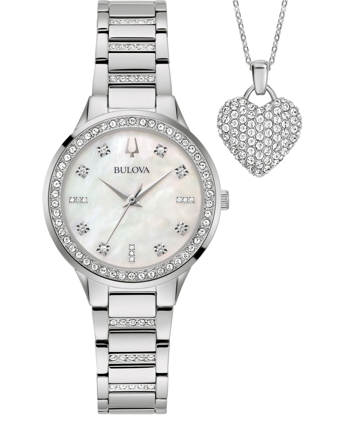 Bulova Women's Classic Crystal Stainless Steel Bracelet Watch Box Set 30mm - Silver