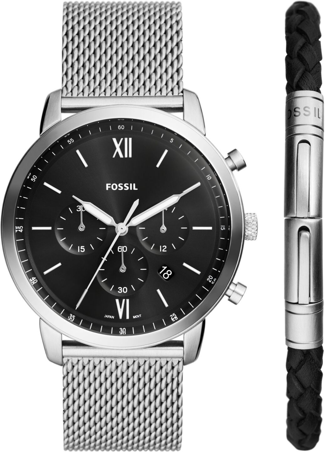 Fossil Men's Neutra Chronograph Silver-Tone Stainless Steel Mesh Watch 44mm and Bracelet Box Gift Set - Silver-Tone