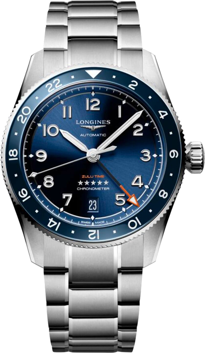 Longines Men's Swiss Automatic Spirit Zulu Time Stainless Steel Bracelet Watch 39mm - Silver And Blue Ceramic Bezel