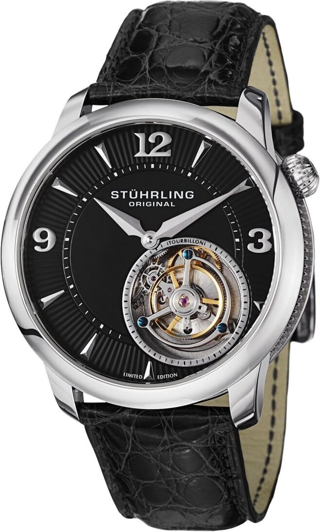 Stuhrling Limited Edition Tourbillion Movement Men's Dress Watch, Gold Tone Case on Black Lizard Embossed Genuine Leather Strap, Black Partial Skeletonized Dial