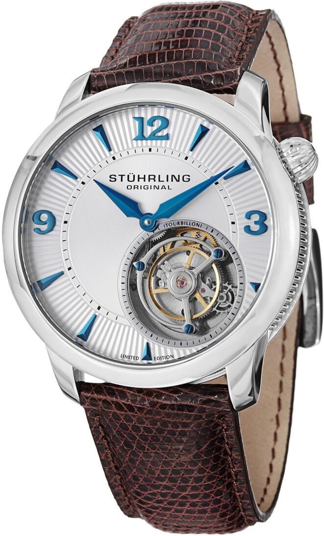 Stuhrling Limited Edition Tourbillion Movement Men's Dress Watch, Gold Tone Case on Black Lizard Embossed Genuine Leather Strap, Black Partial Skeletonized Dial