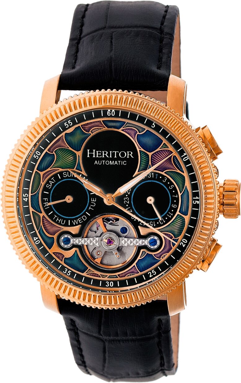 Heritor Automatic Aura Rose Gold & Black Leather Watches 44mm - Black