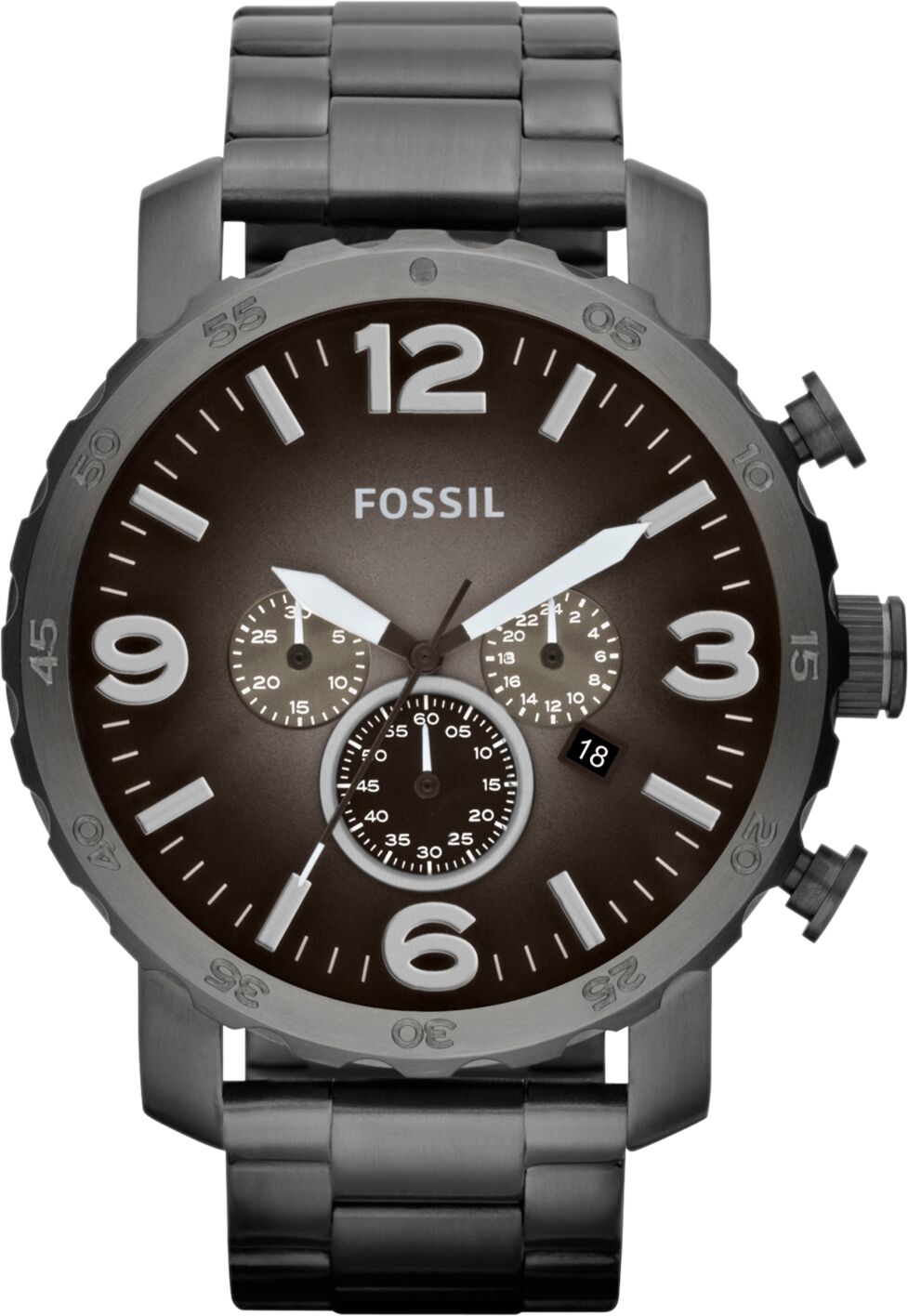 Fossil Men's Chronograph Nate Smoke Tone Stainless Steel Bracelet Watch 50mm JR1437