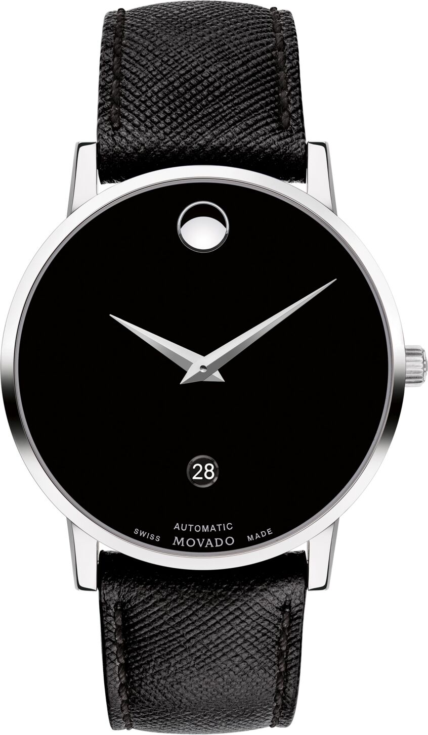 Movado Men's Swiss Automatic Museum Black Calfskin Leather Strap Watch 40mm - Silver