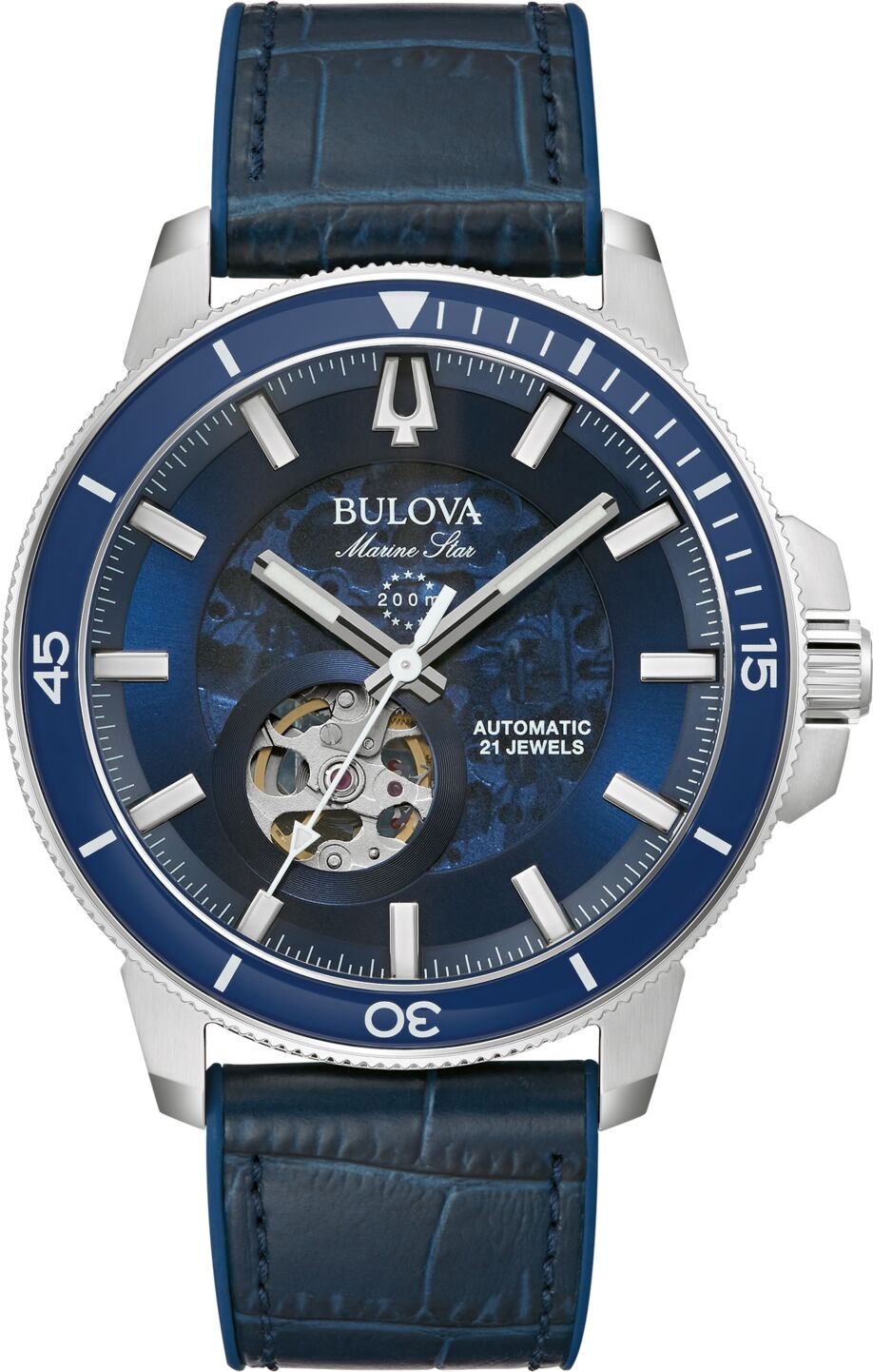 Bulova Men's Automatic Marine Star Series C Blue Leather Strap Watch 45mm - Blue