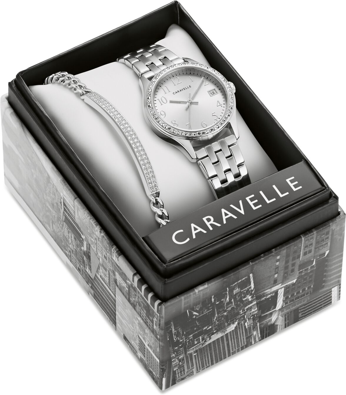 Caravelle designed by Bulova Women's Crystal Stainless Steel Bracelet Watch 32mm Gift Set - Silver-tone