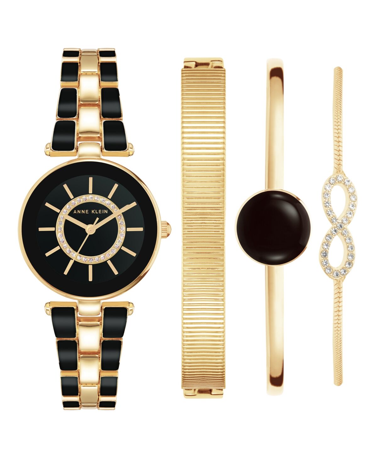 Anne Klein Women's Gold-Tone Alloy Bracelet with Black Enamel and Crystal Accents Fashion Watch 34mm Set 4 Pieces - Gold-Tone, Black