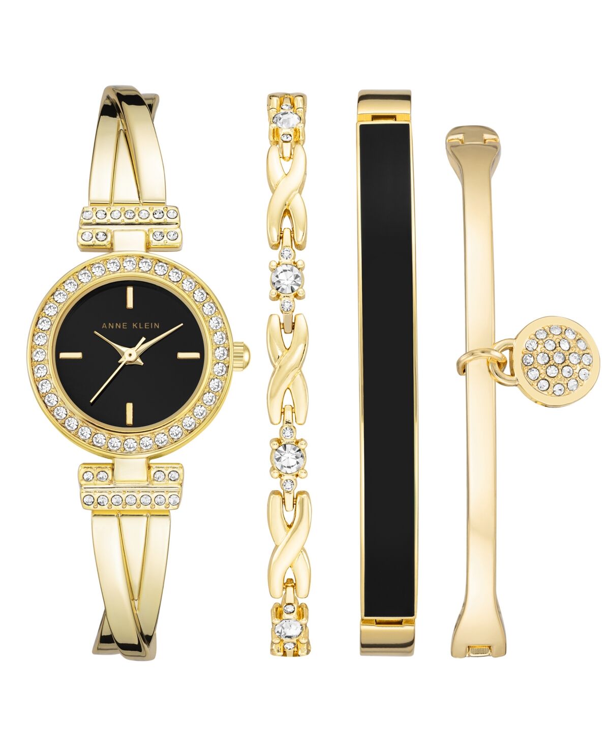 Anne Klein Women's Gold-Tone Alloy Bangle with Crystal Accents Fashion Watch 37mm Set 4 Pieces - Gold-Tone