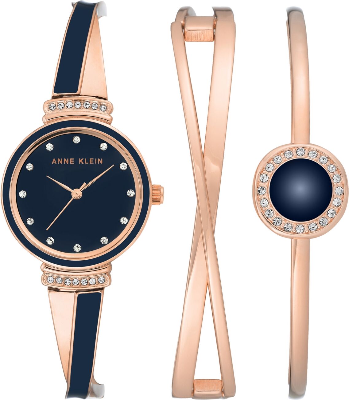 Anne Klein Women's Rose Gold-Tone Alloy Bangle with Navy Enamel and Crystal Accents Fashion Watch 33mm Set 3 Pieces - Rose Gold-Tone, Navy