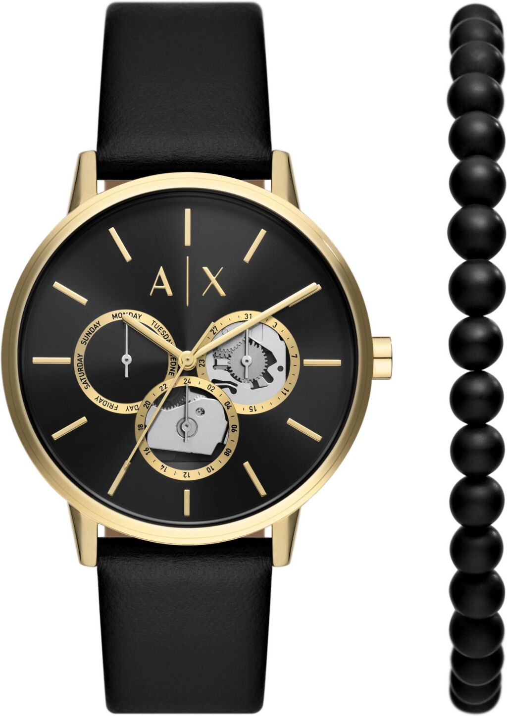 A|x Armani Exchange A X Armani Exchange Men's Multifunction Black Leather Strap Watch, 42mm and Black Onyx Beaded Bracelet Set - Black