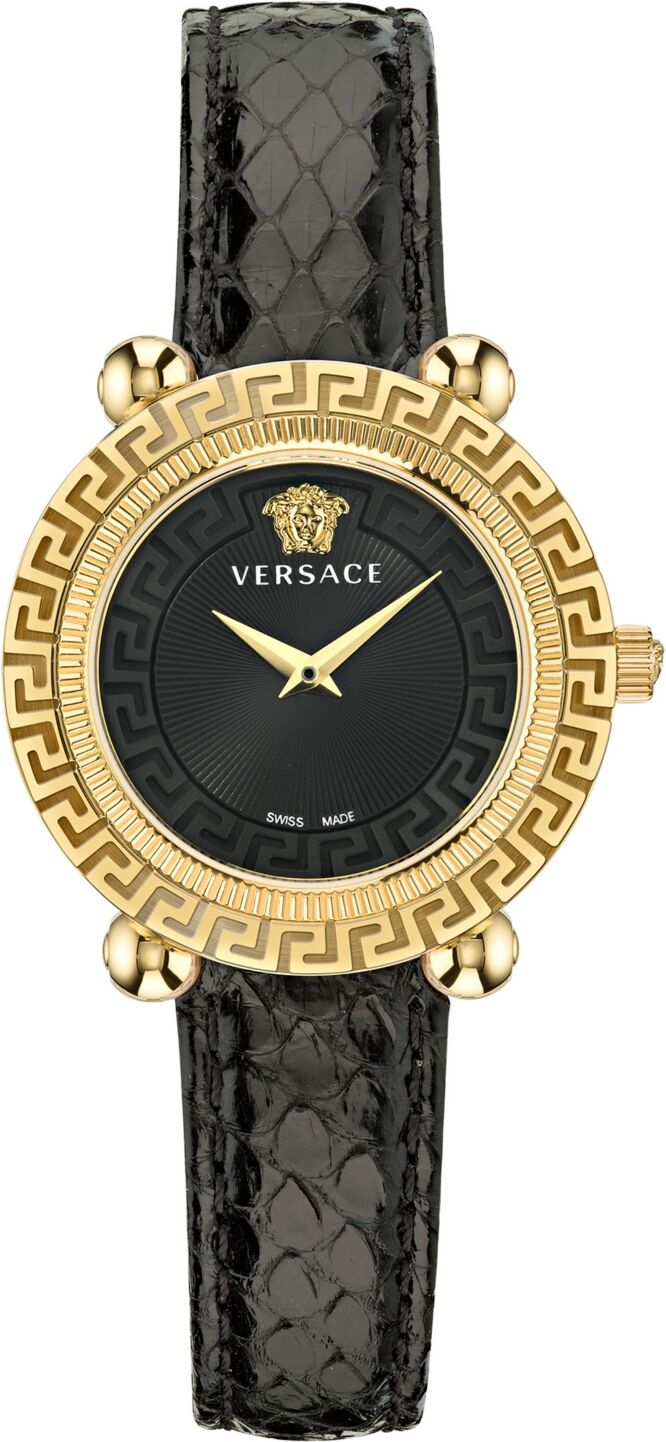 Versace Women's Swiss Greca Twist Black Leather Strap Watch 35mm - Ip Yellow Gold