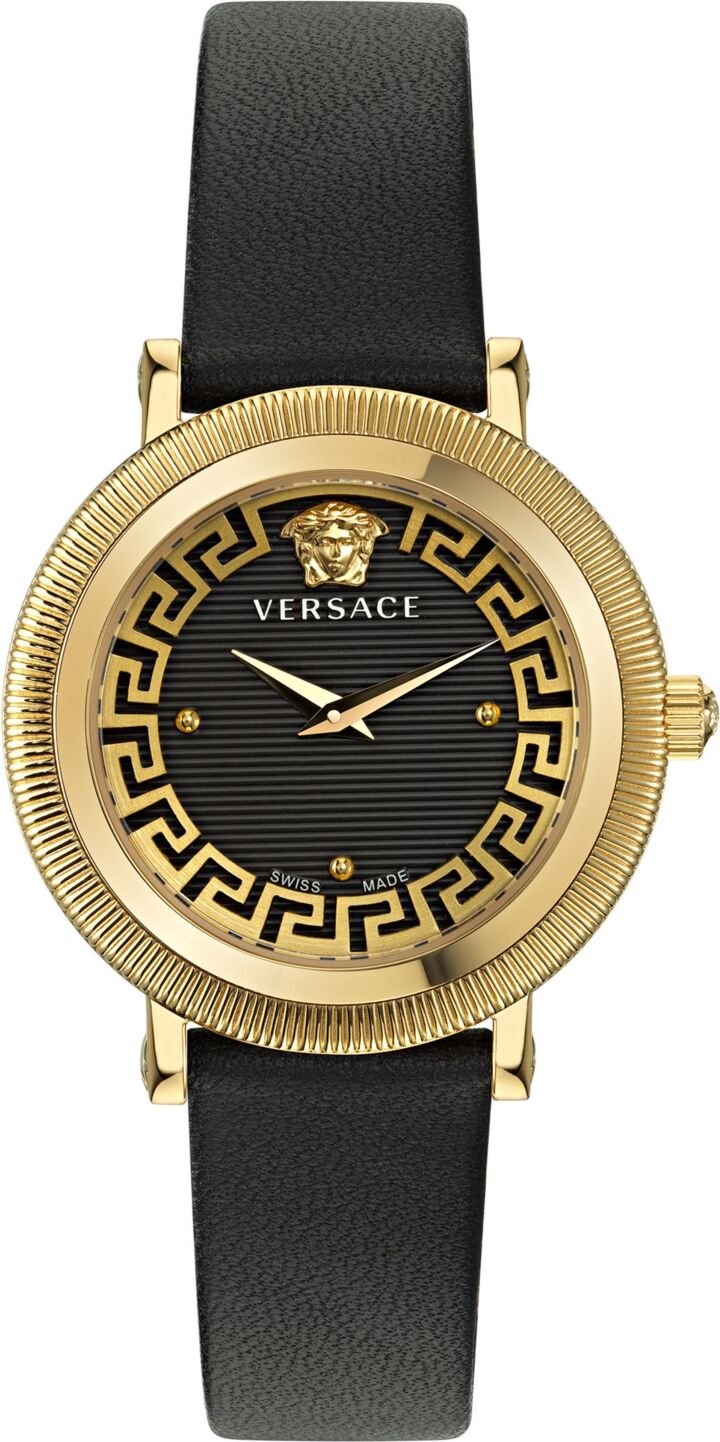 Versace Women's Swiss Greca Flourish Black Leather Strap Watch 35mm - Ip Yellow Gold