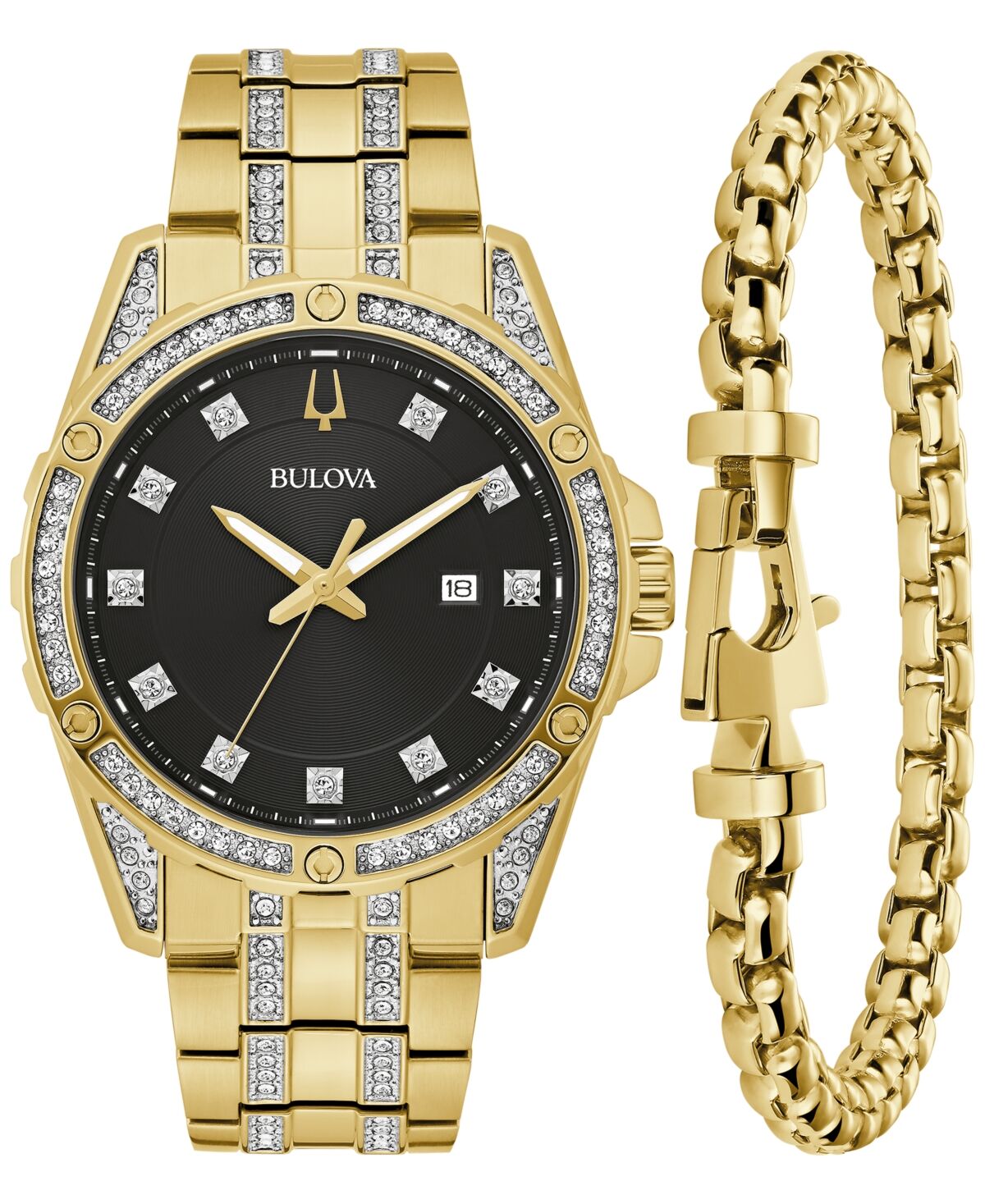 Bulova Men's Classic Crystal Gold-Tone Stainless Steel Bracelet Watch Box Set 43mm - Two Tone
