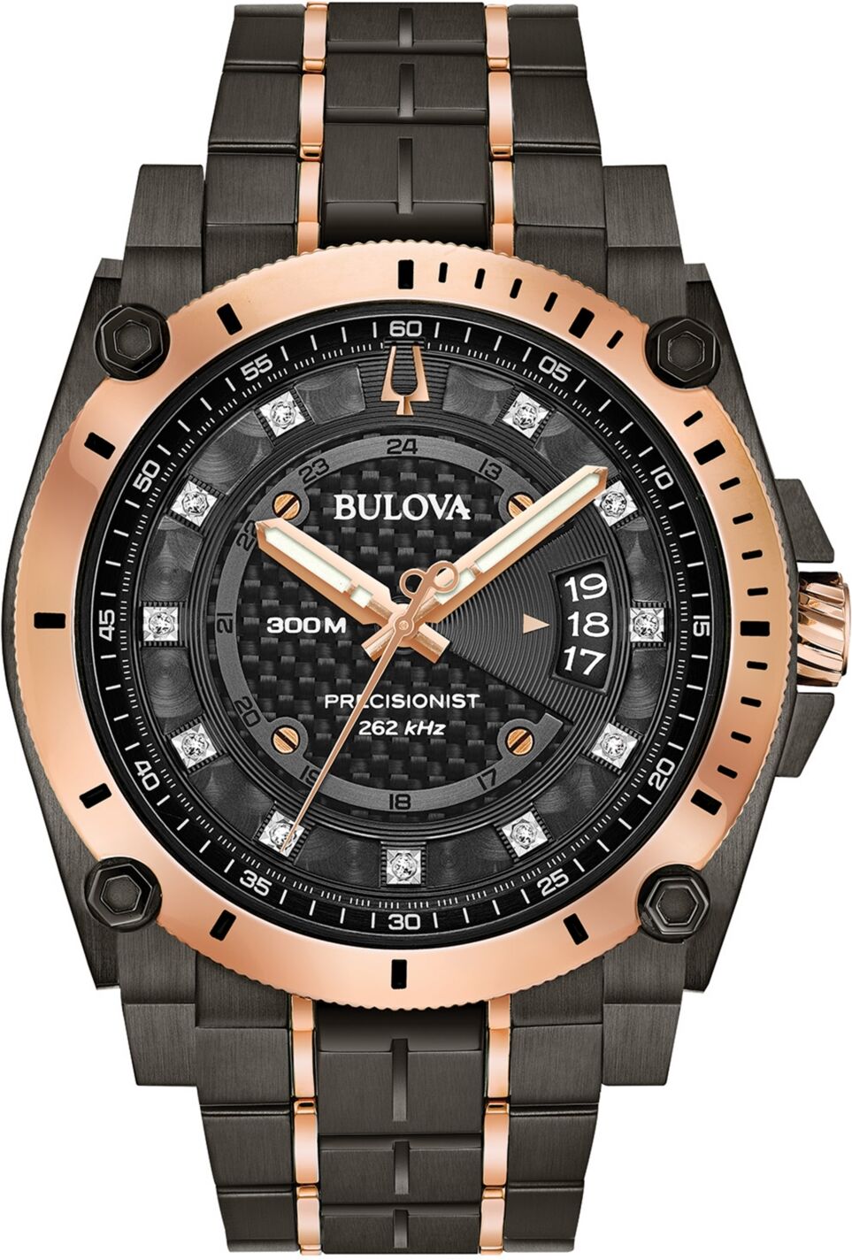 Bulova Men's Precisionist Champlain Diamond-Accent Gray & Rose Gold-Tone Stainless Steel Bracelet Watch 46.5mm