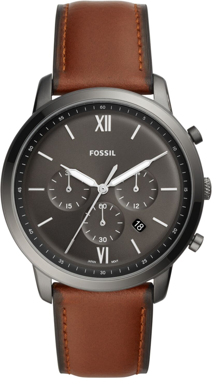 Fossil Mens Neutra Chrono gray case with brown leather strap - Brown