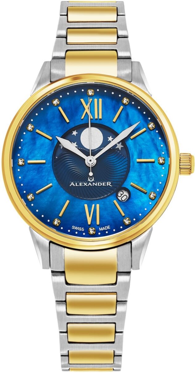 Stuhrling Alexander Watch AD204B-03, Ladies Quartz Moonphase Date Watch with Yellow Gold Tone Stainless Steel Case on Yellow Gold Tone Stainless Steel Bracelet