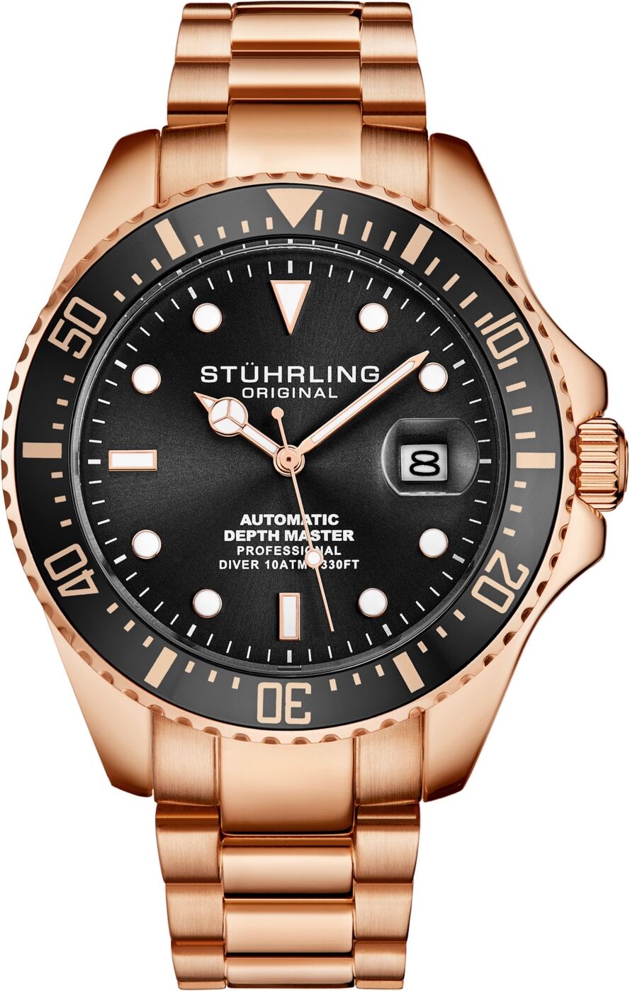 Stuhrling Men's Depthmaster Rose Gold-Tone Stainless Steel Link Bracelet Watch 43mm - Black