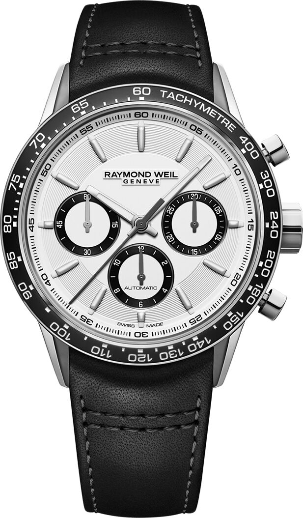 Raymond Weil Men's Swiss Automatic Chronograph Freelancer Black Leather Strap Watch 43.5mm - White