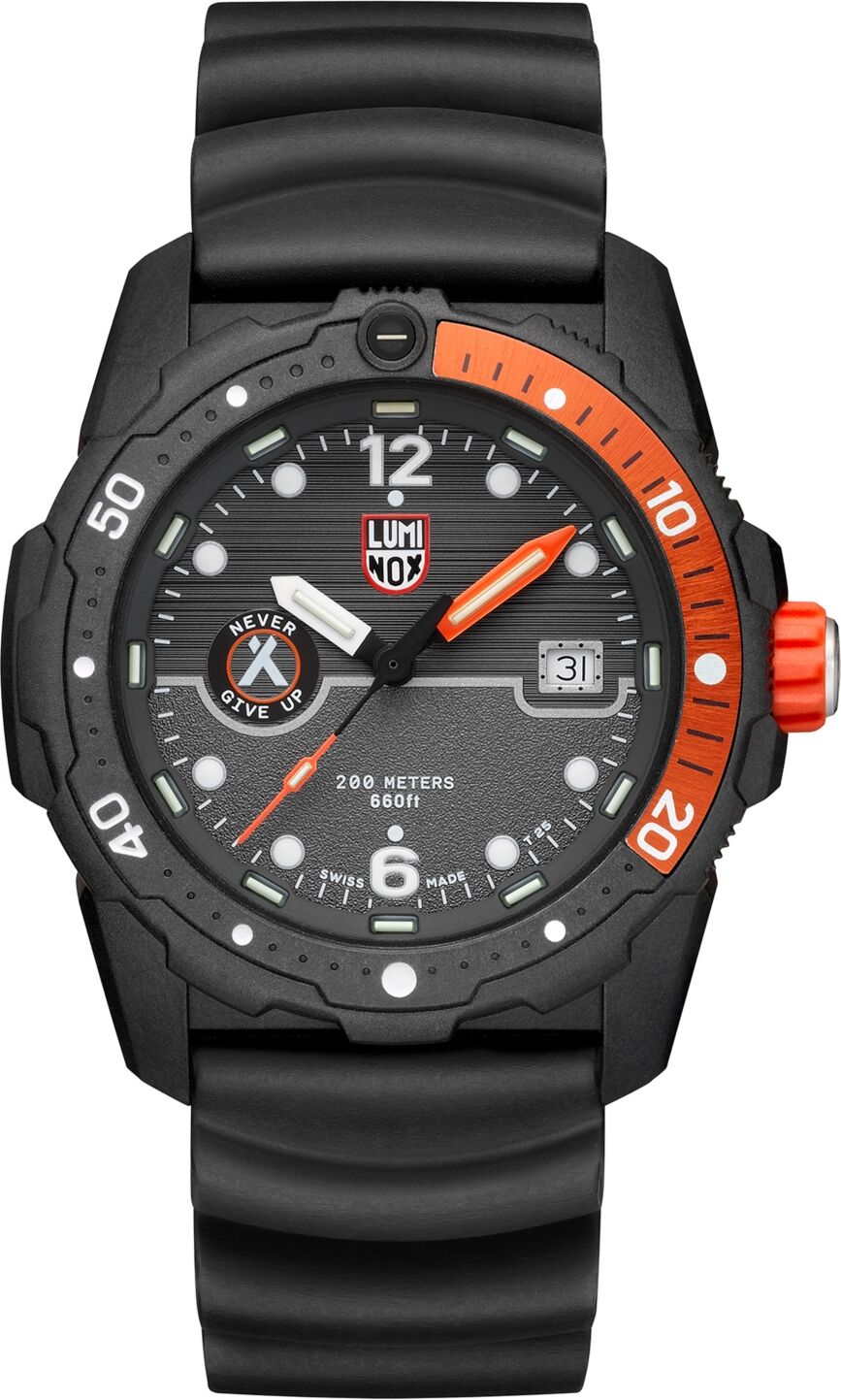 Luminox Men's Swiss Bear Grylls Survival Sea Series Never Give Up Dive Black Rubber Strap Watch 42mm