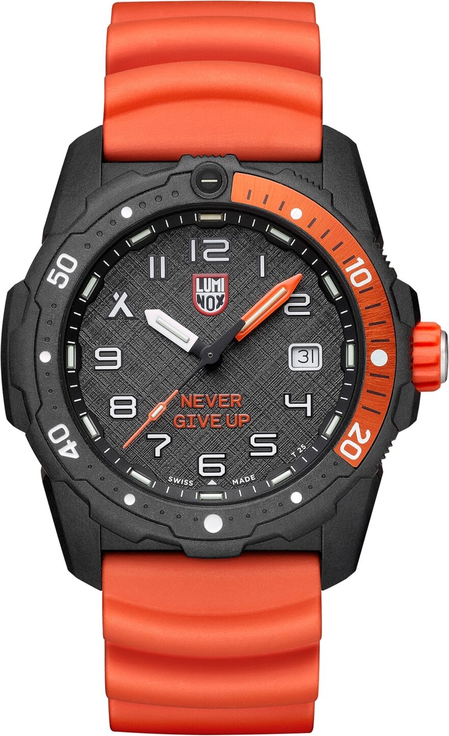 Luminox Men's Swiss Bear Grylls Survival Sea Series Never Give Up Dive Orange Rubber Strap Watch 42mm