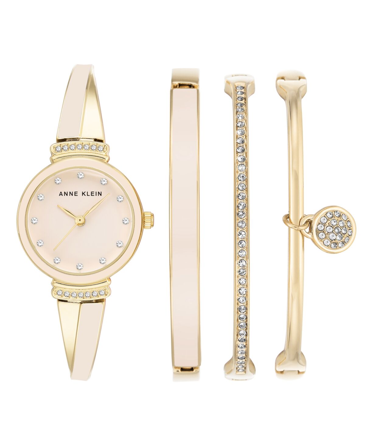 Anne Klein Women's Gold-Tone Alloy Bangle with Pink Enamel Fashion Watch 33.5mm and Bracelet Set - Pink, Gold-Tone