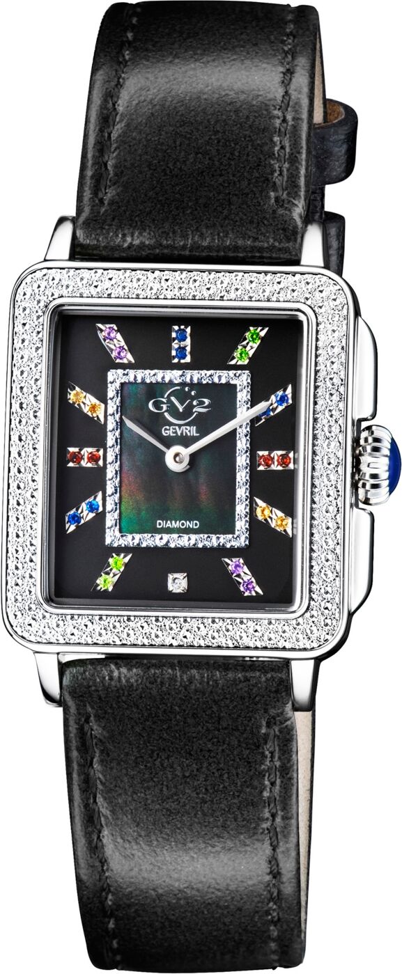 GV2 by Gevril Women's Padova Gemstone Swiss Quartz Diamond Accent Black Hand Made Italian Leather Strap Watch 27mm x 30mm - Silver