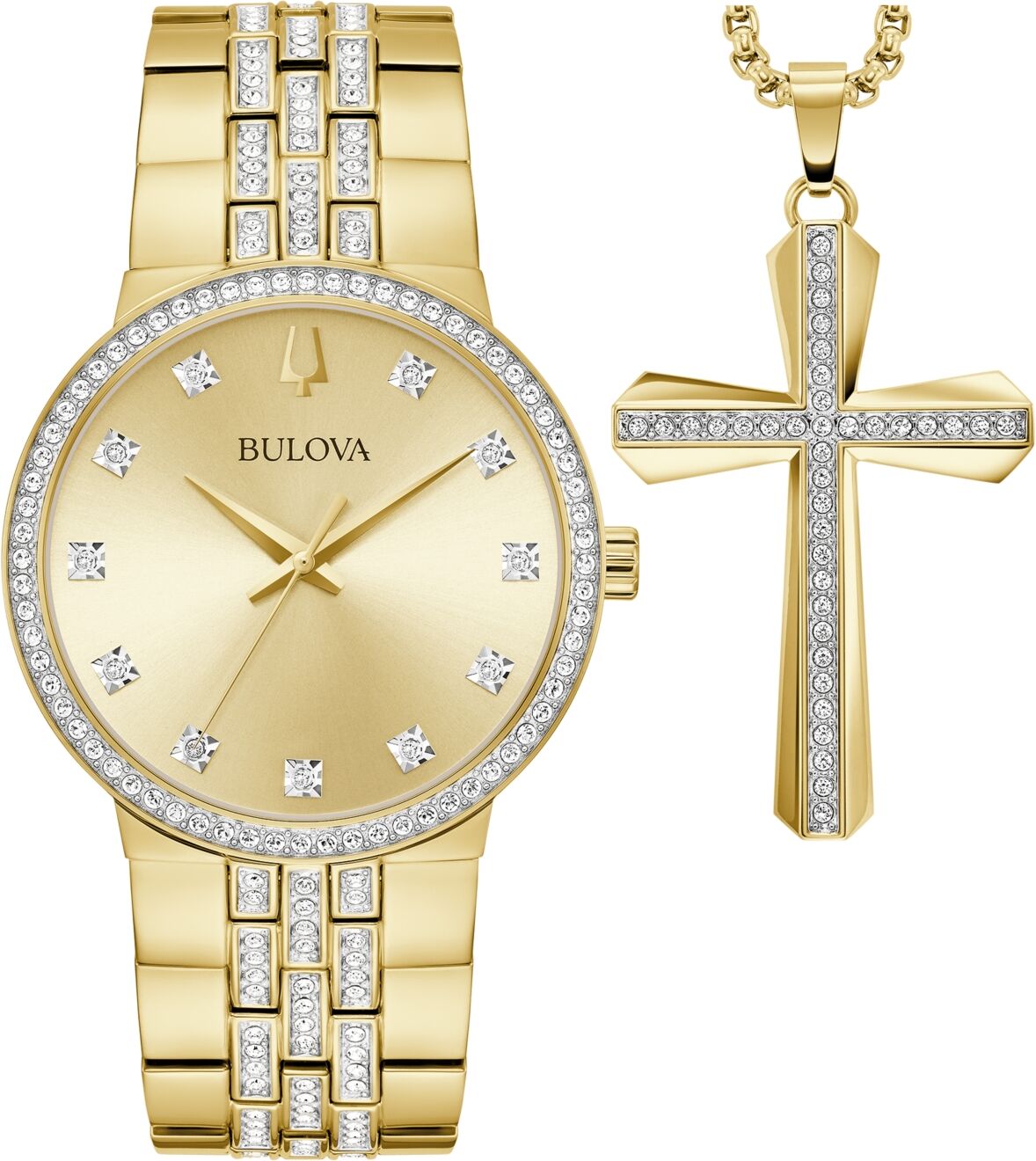 Bulova Men's Crystal Gold-Tone Stainless Steel Bracelet Watch 40mm & Necklace Box Set - Gold-tone