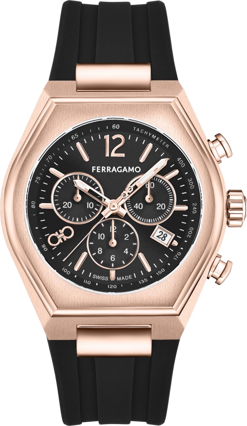 Salvatore Ferragamo Men's Swiss Chronograph Tonneau Black Silicone Strap Watch 42mm - Ip Rose Gold