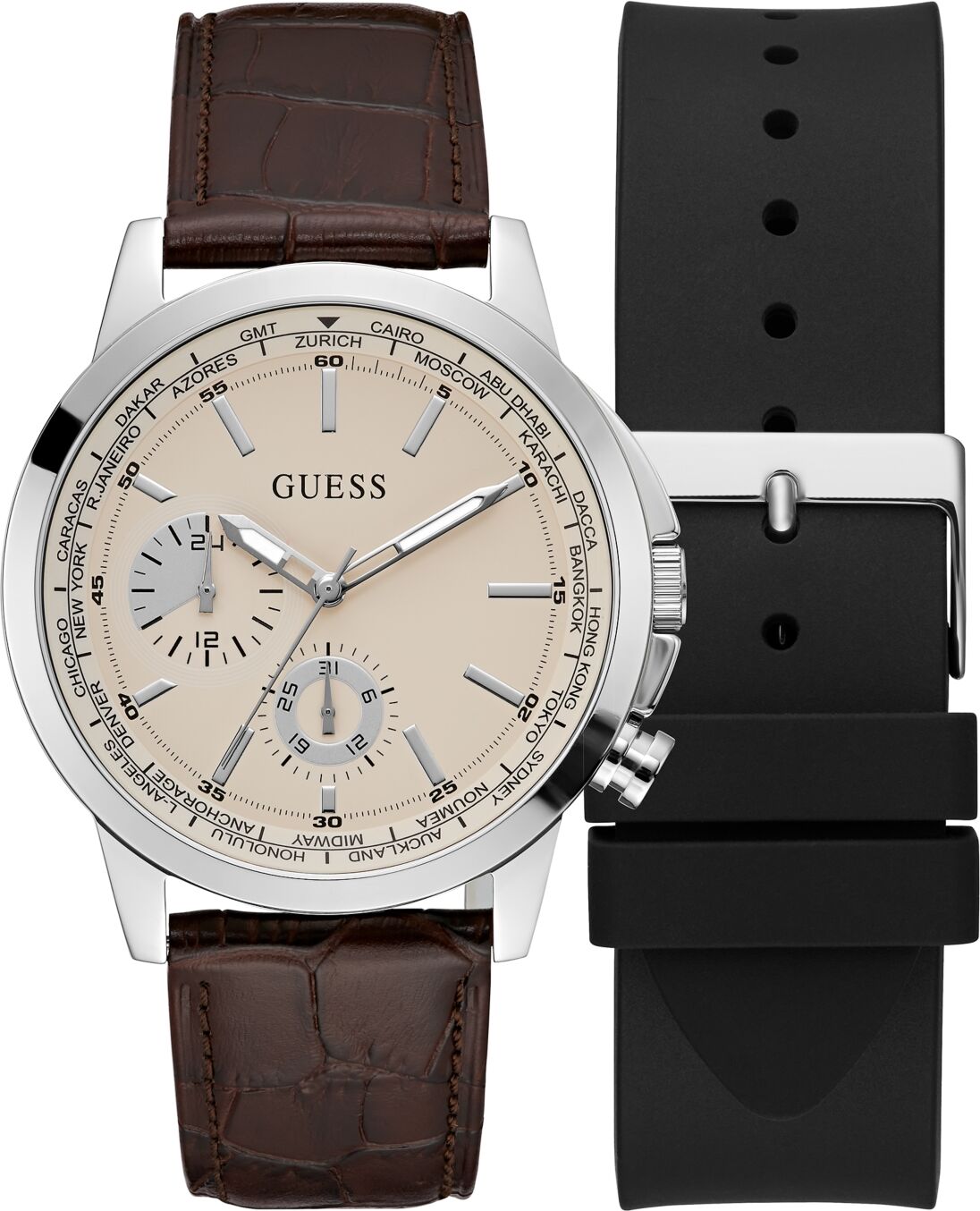 Guess Men's Multi-Function Brown Genuine Leather Watch 44mm Gift Set - Brown