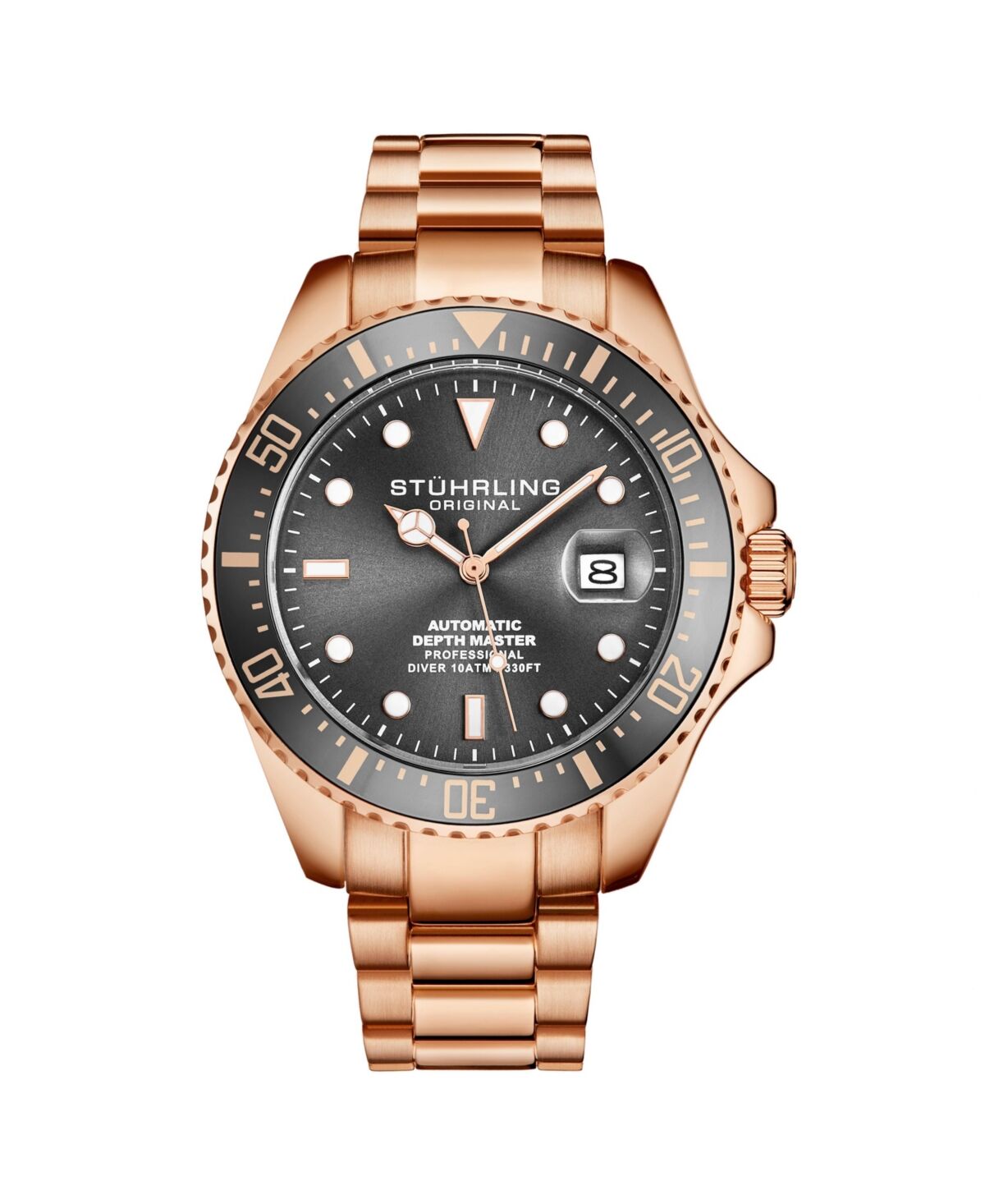Stuhrling Men's Automatic Diver Watch, Gold Ip Case, Black Dial, Gold Ip Stainless Steel Bracelet - Grey