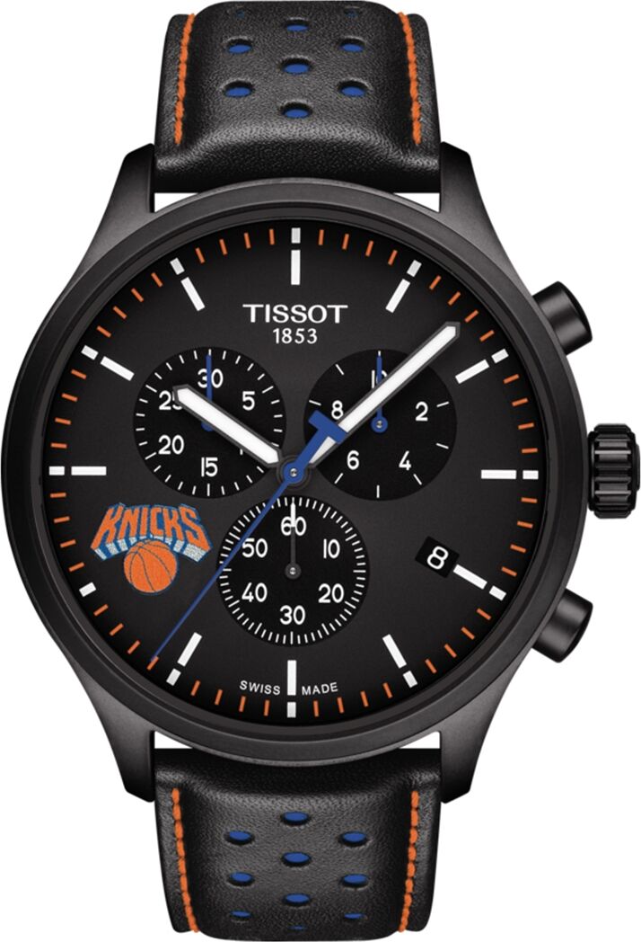 Tissot Men's Swiss Chronograph Chrono Xl Nba New York Knicks Black Leather Strap Watch 45mm