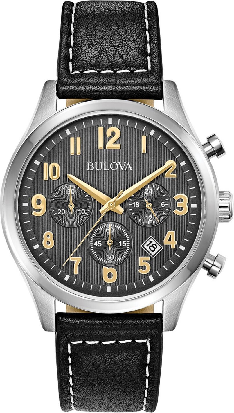 Bulova Men's Classic Chronograph Black Leather Strap Watch 41mm - Black