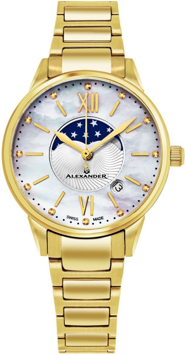 Stuhrling Alexander Watch A204B-05, Ladies Quartz Moonphase Date Watch with Yellow Gold Tone Stainless Steel Case on Yellow Gold Tone Stainless Steel Bracelet -