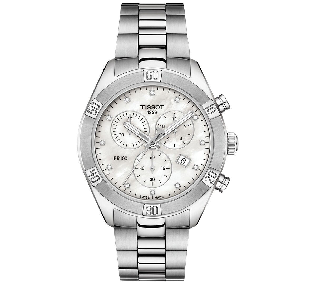 Tissot Women's Swiss Chronograph T-Classic Pr 100 Diamond (1/20 ct. t.w.) Gray Stainless Steel Bracelet Watch 38mm - Silver