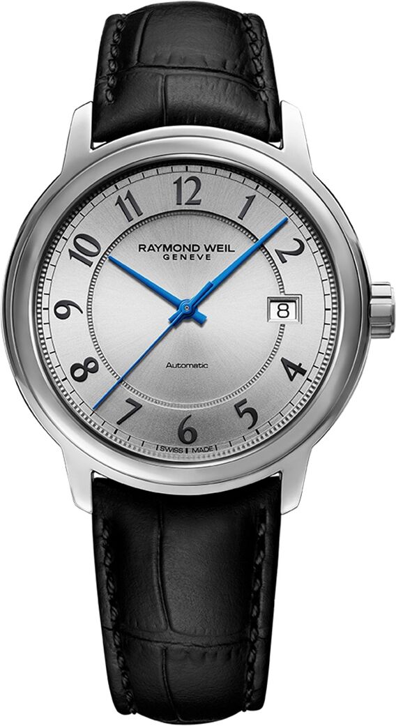 Raymond Weil Men's Swiss Automatic Maestro Black Leather Strap Watch 39mm - Silver