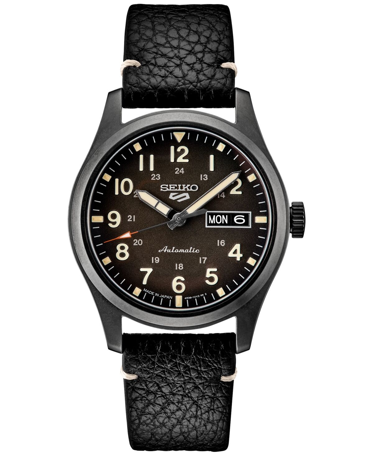 Seiko Men's Automatic 5 Sports Black Leather Strap Watch 43mm - Black